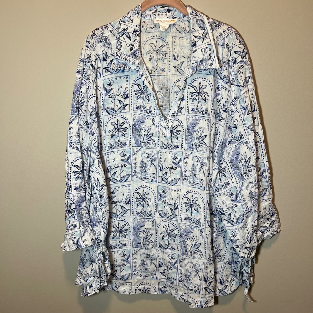 C&C California Women 3X Linen Tunic Top Blue White Tropical Palm Flamingo Print